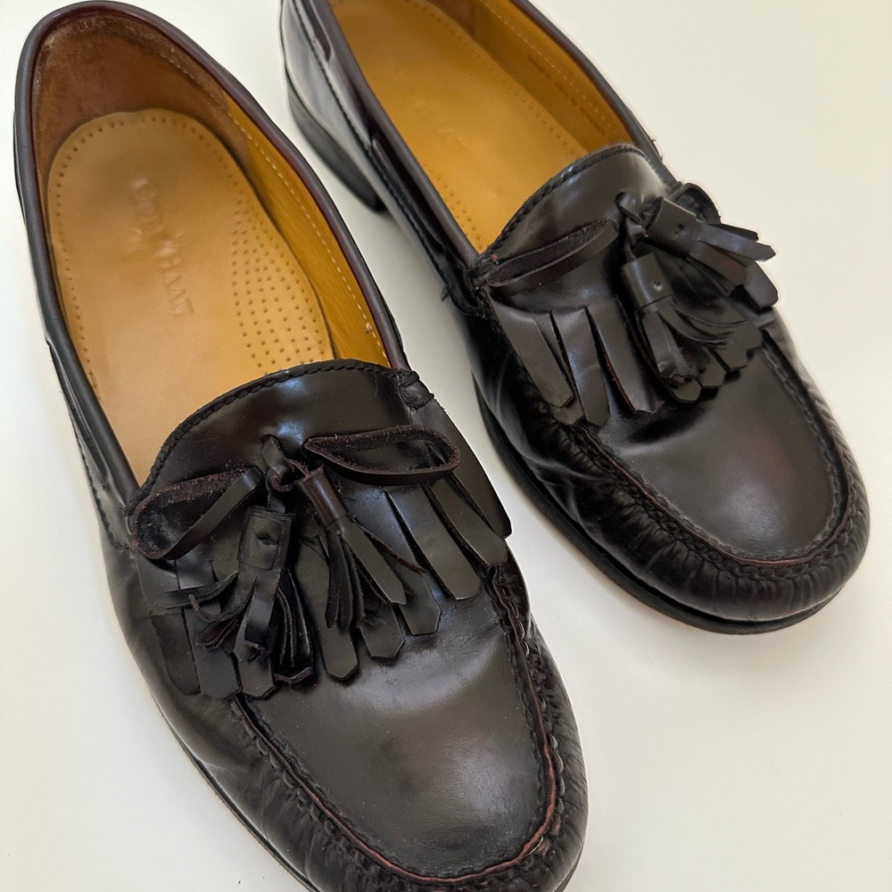 Cole Haan Men's Brown Leather Pinch Shaw Bow Tassel Shoes Loafers Size 10.5